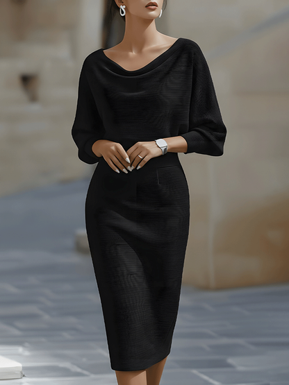 Women's Midi Dress with Cowl Neck and Batwing Sleeves Bodycon Fit