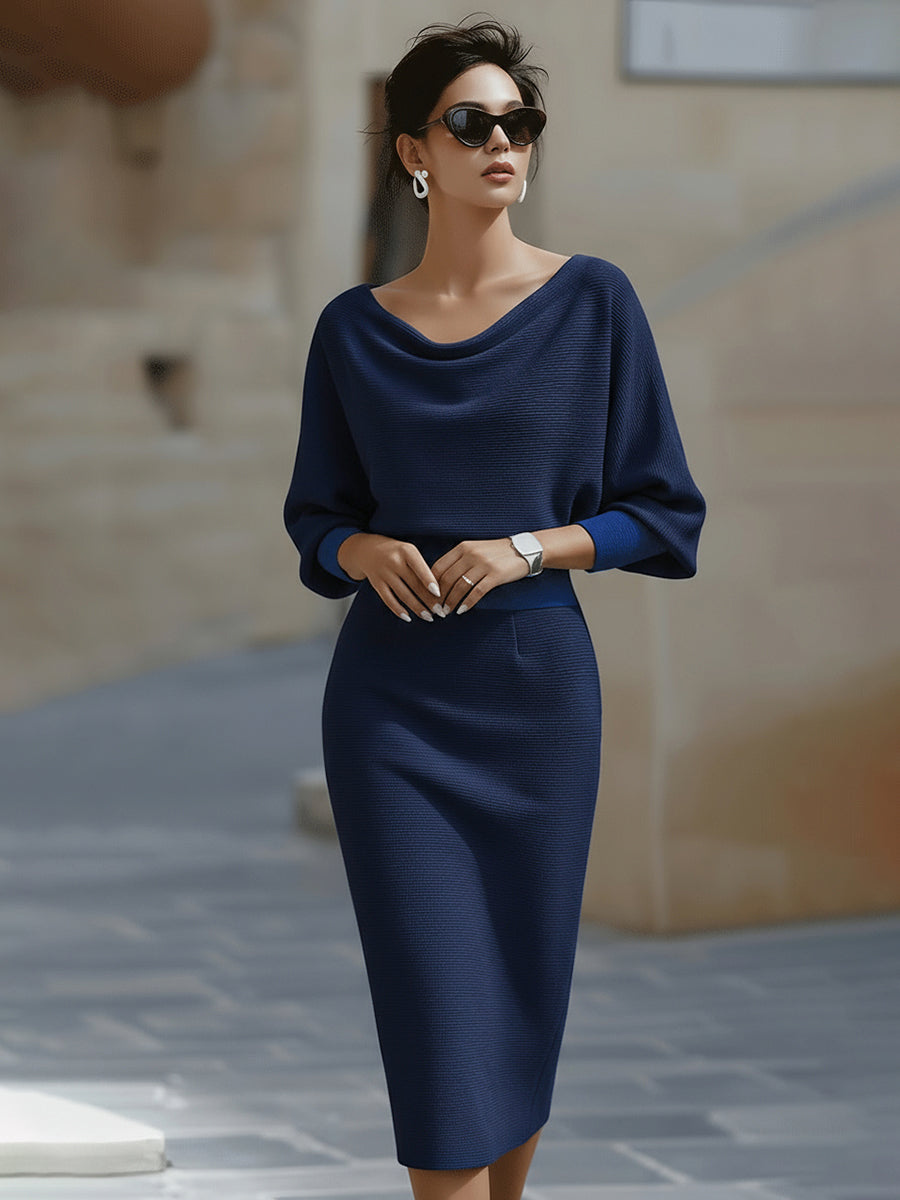 Women's Midi Dress with Cowl Neck and Batwing Sleeves Bodycon Fit