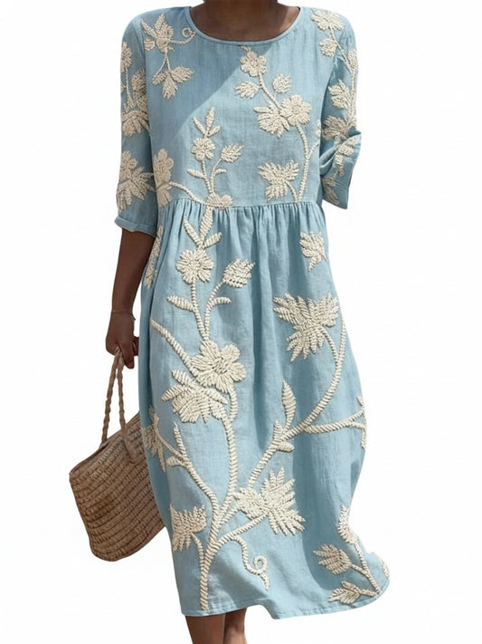 Women's Midi Dress with Floral Embroidery and Three-Quarter Sleeves
