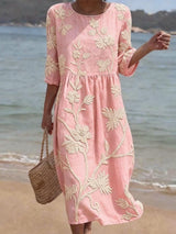 Women's Midi Dress with Floral Embroidery and Three-Quarter Sleeves