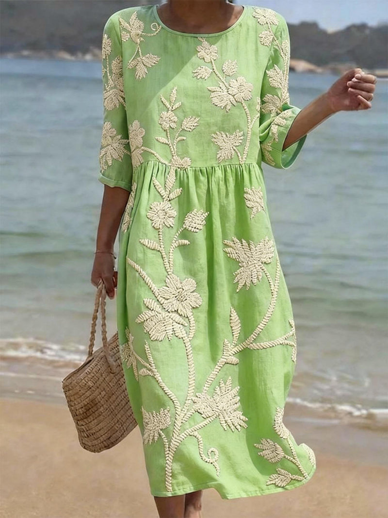 Women's Midi Dress with Floral Embroidery and Three-Quarter Sleeves