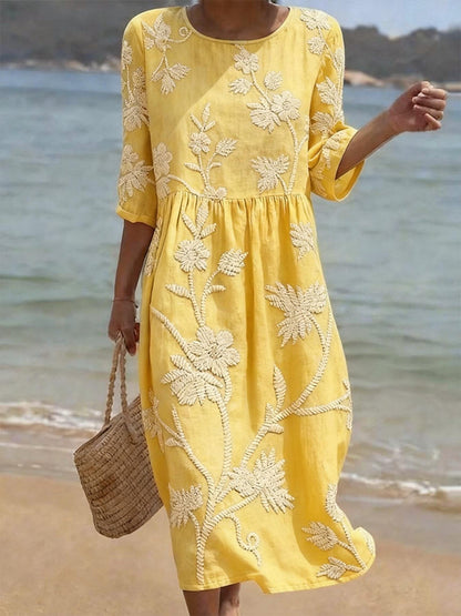 Women's Midi Dress with Floral Embroidery and Three-Quarter Sleeves