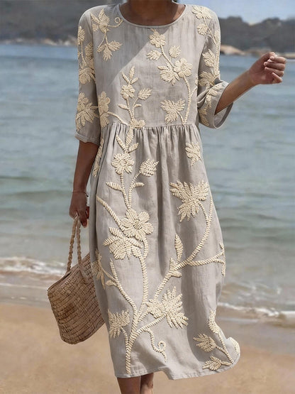 Women's Midi Dress with Floral Embroidery and Three-Quarter Sleeves