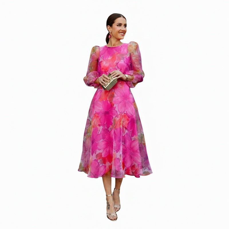 Women's Midi Dress with Floral Print, Puff Sleeves and A-Line Skirt