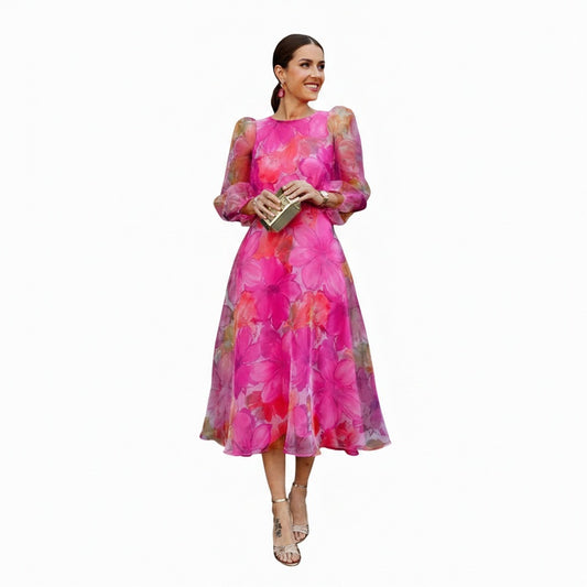 Women's Midi Dress with Floral Print, Puff Sleeves and A-Line Skirt