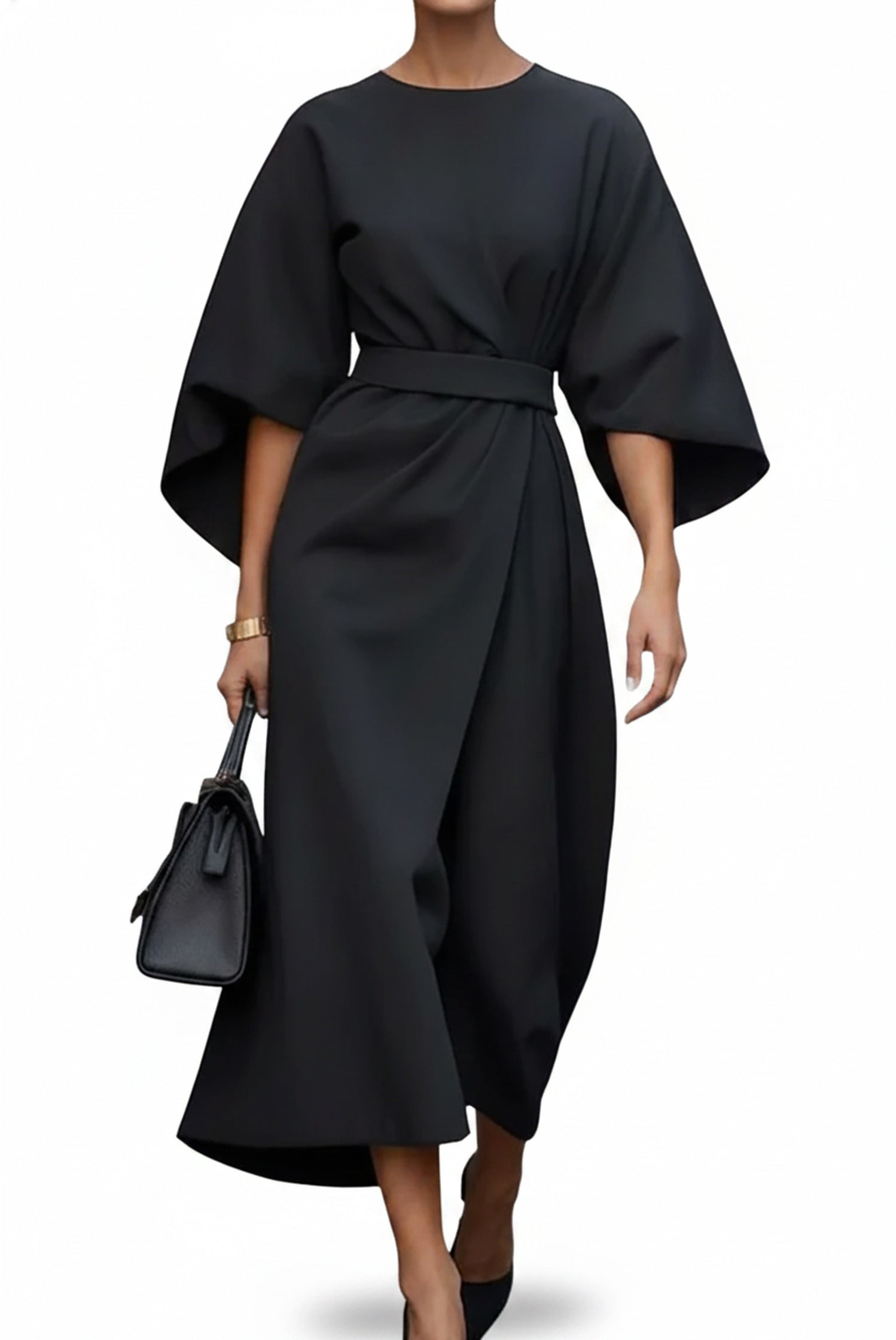 Women's Midi Dress with Lantern Sleeves, Round Neck and Adjustable Waist Tie