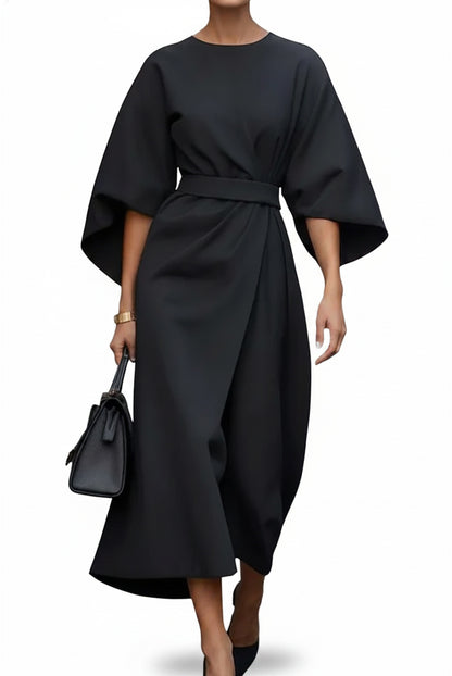 Women's Midi Dress with Lantern Sleeves, Round Neck and Adjustable Waist Tie