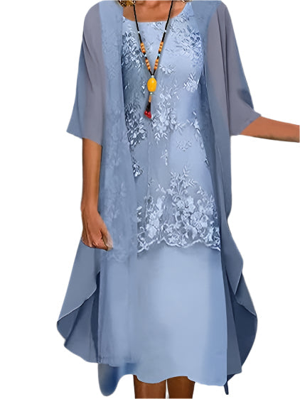 Women's Midi Dress with Sheer Overlay and Floral Lace Detail