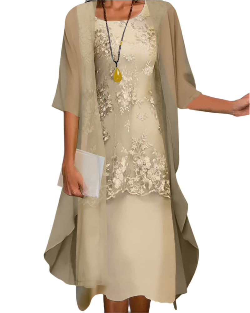 Women's Midi Dress with Sheer Overlay and Floral Lace Detail