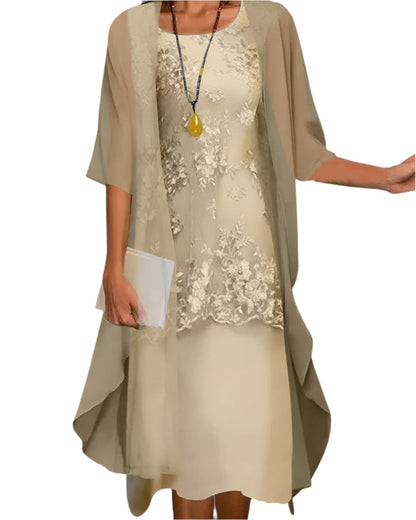 Women's Midi Dress with Sheer Overlay and Floral Lace Detail
