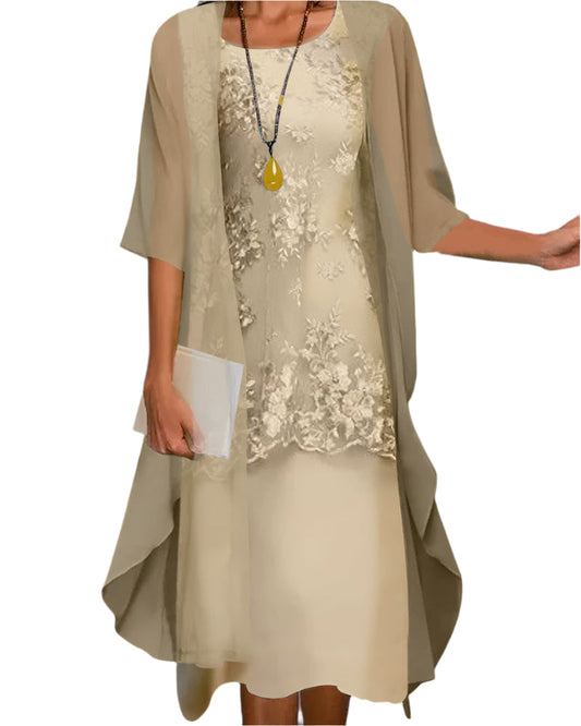 Women's Midi Dress with Sheer Overlay and Floral Lace Detail