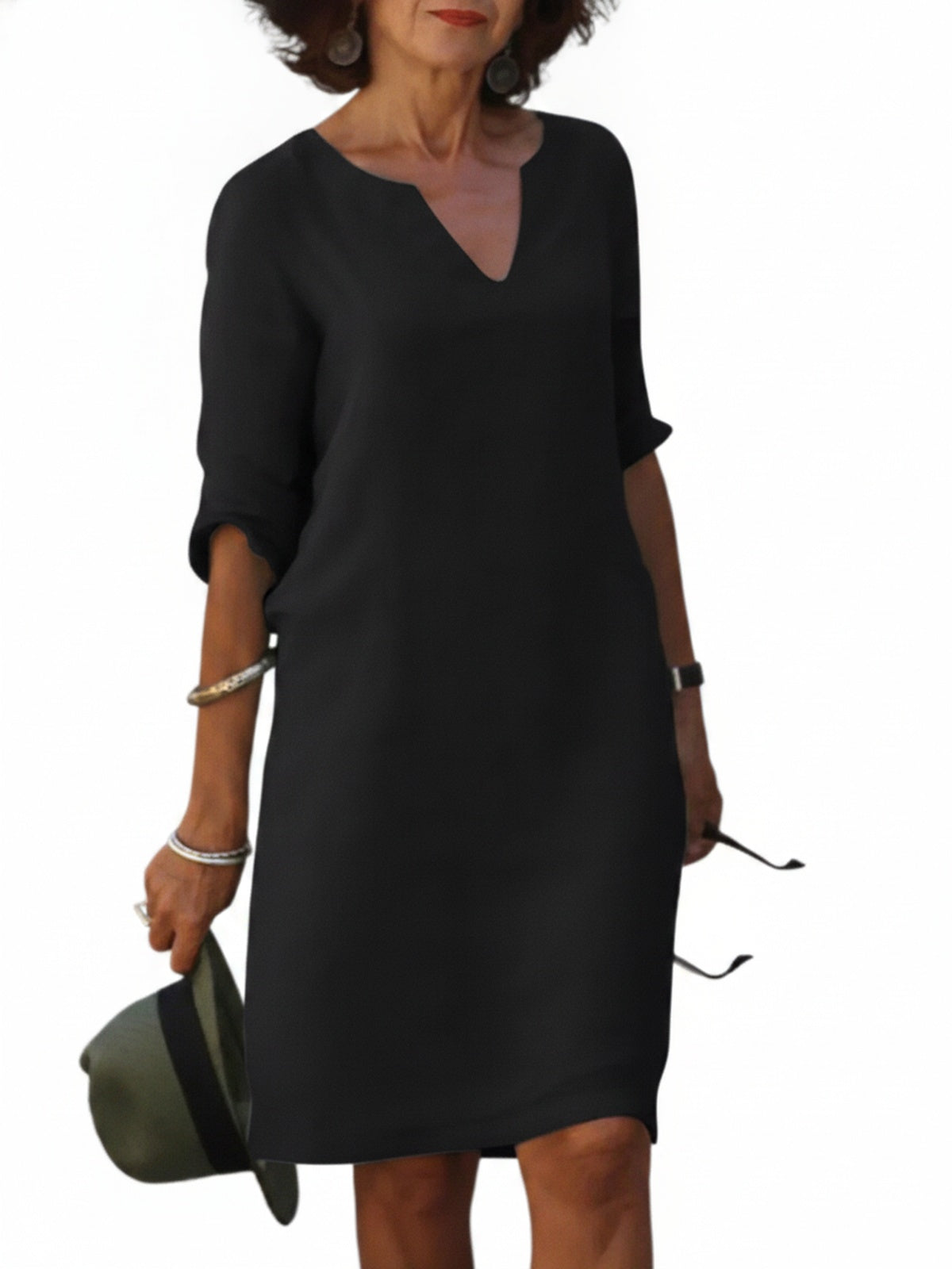 Women's Midi Dress with V-Neck and Three-Quarter Sleeves