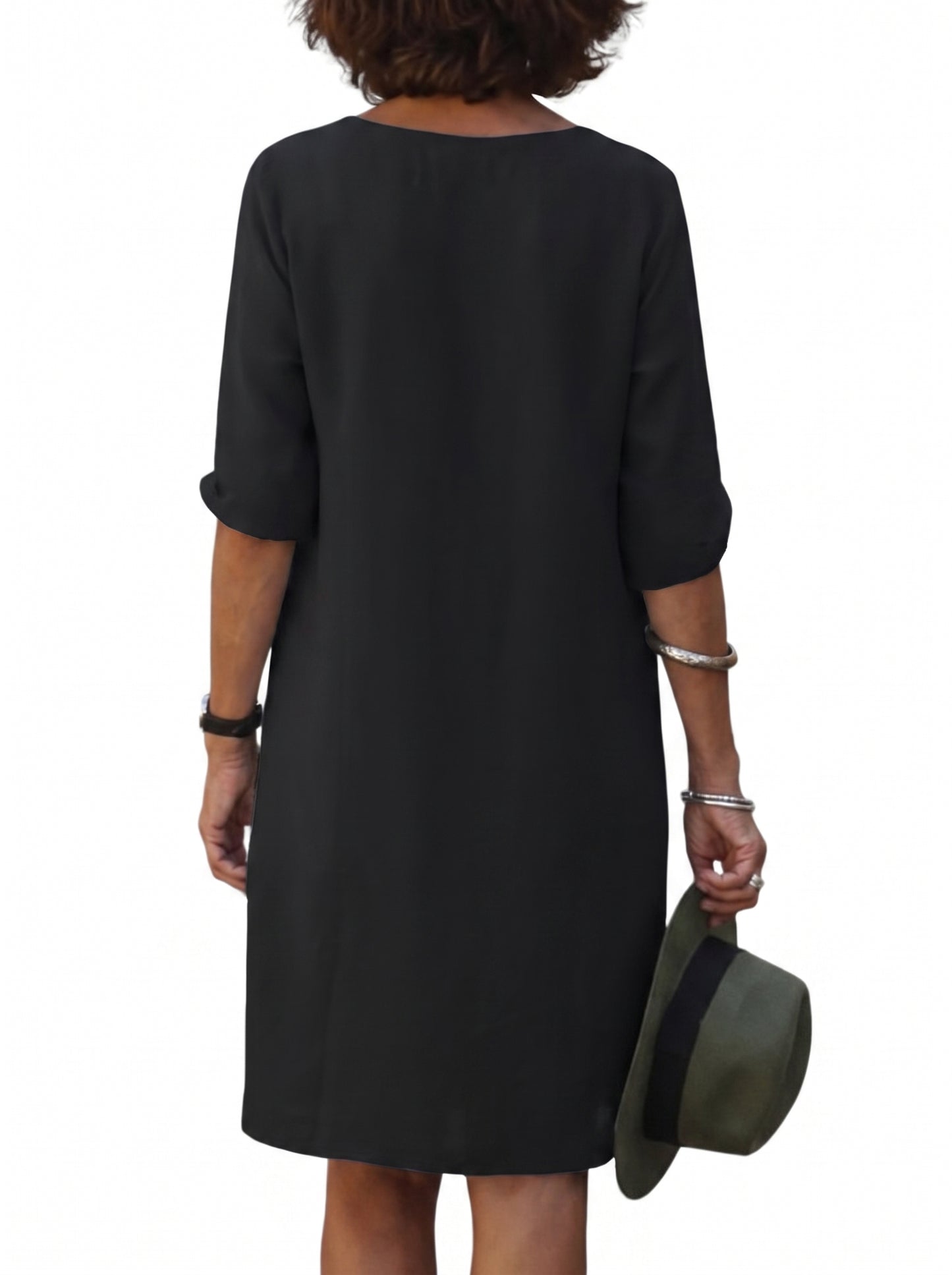 Women's Midi Dress with V-Neck and Three-Quarter Sleeves