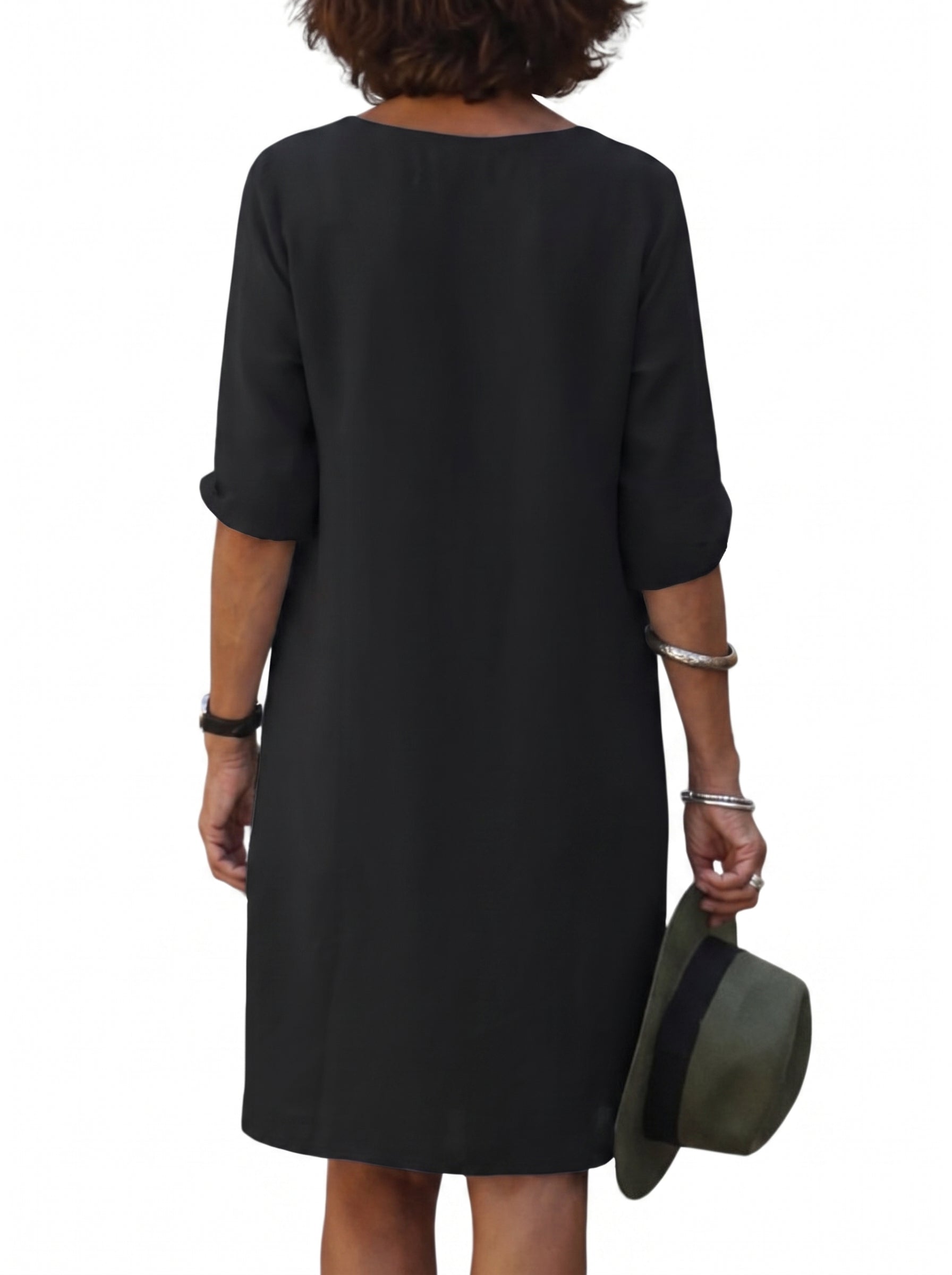 Women's Midi Dress with V-Neck and Three-Quarter Sleeves