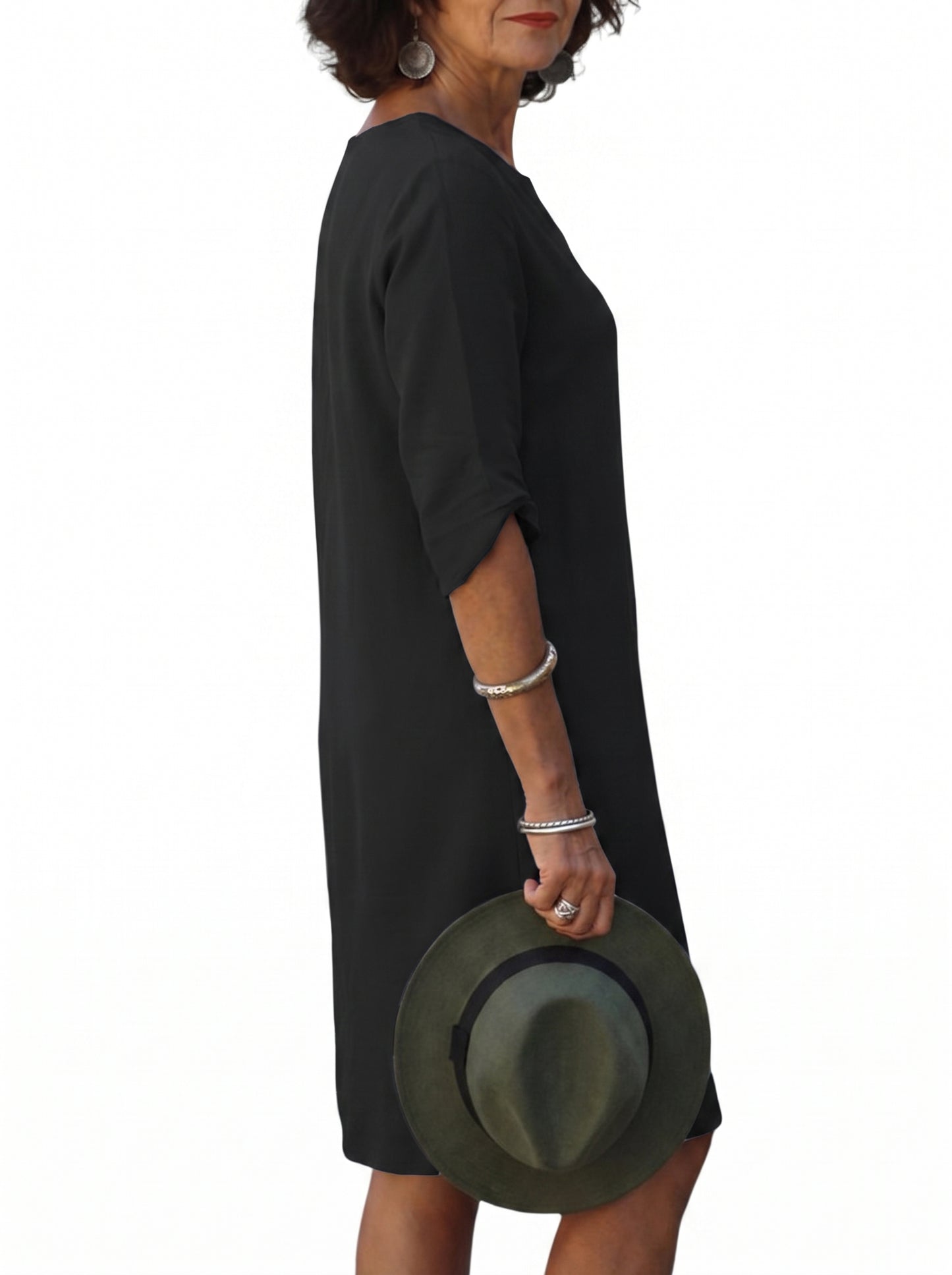 Women's Midi Dress with V-Neck and Three-Quarter Sleeves