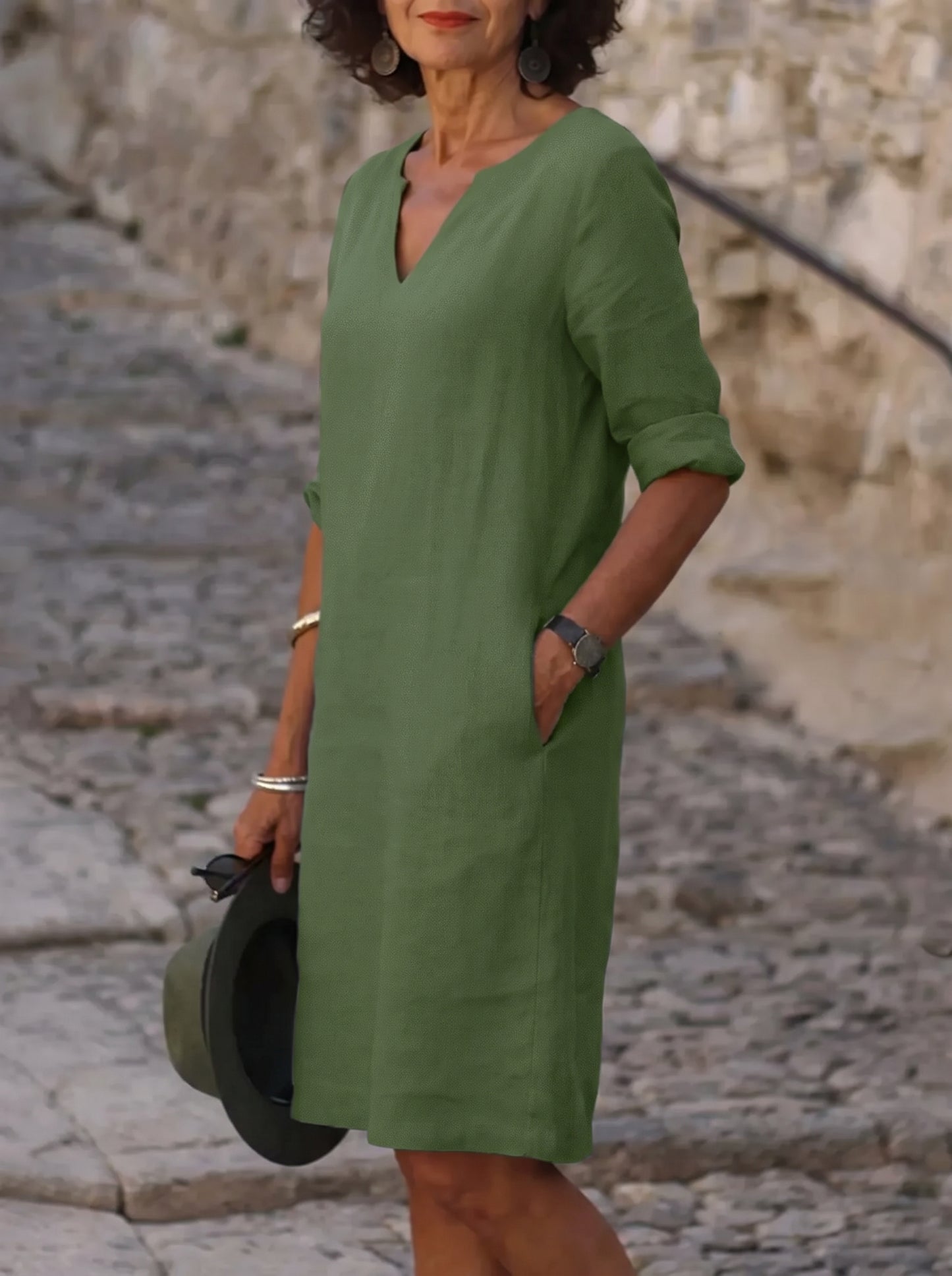 Women's Midi Dress with V-Neck and Three-Quarter Sleeves