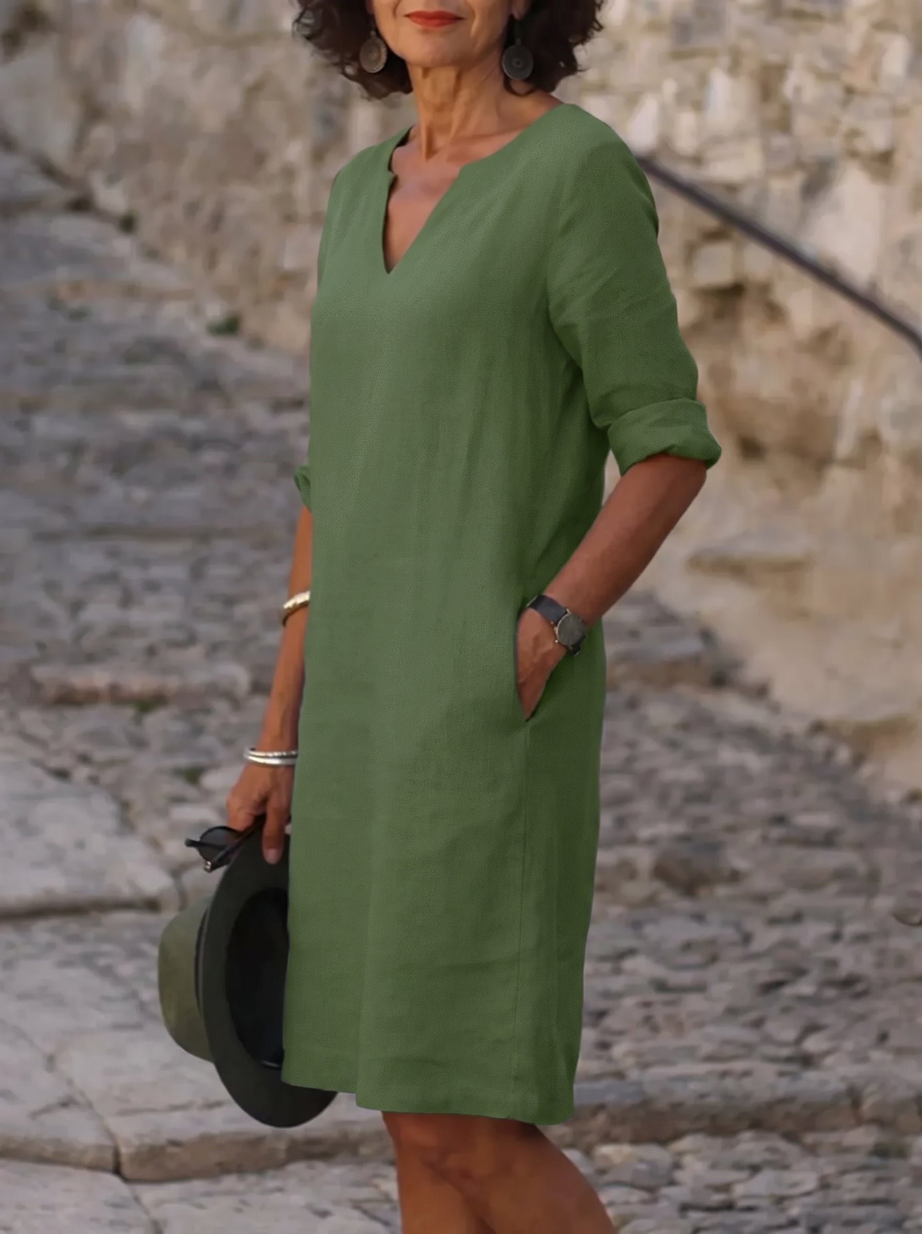 Women's Midi Dress with V-Neck and Three-Quarter Sleeves