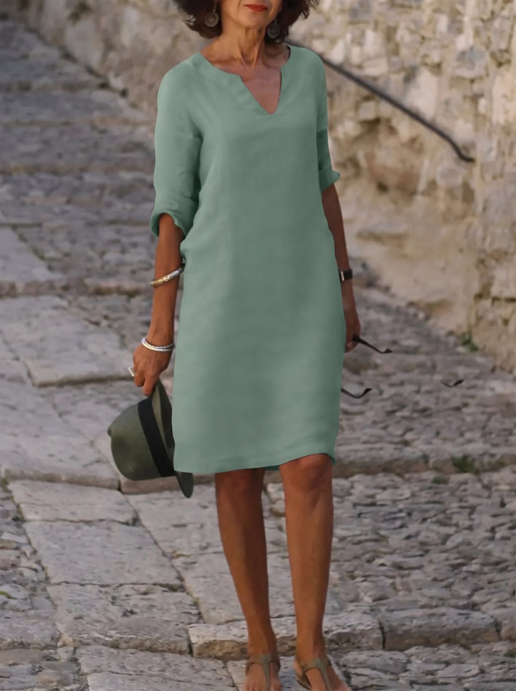 Women's Midi Dress with V-Neck and Three-Quarter Sleeves