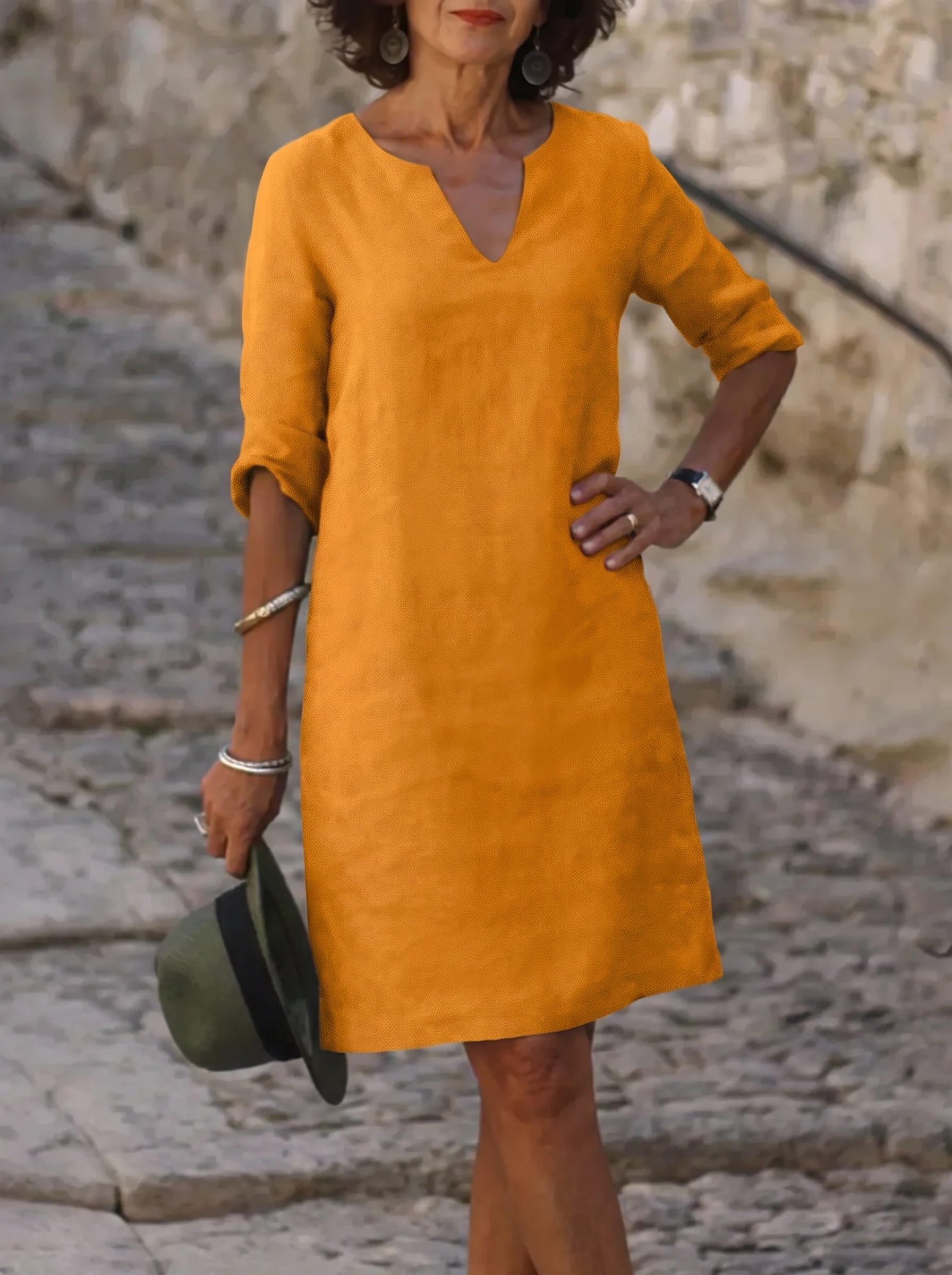 Women's Midi Dress with V-Neck and Three-Quarter Sleeves