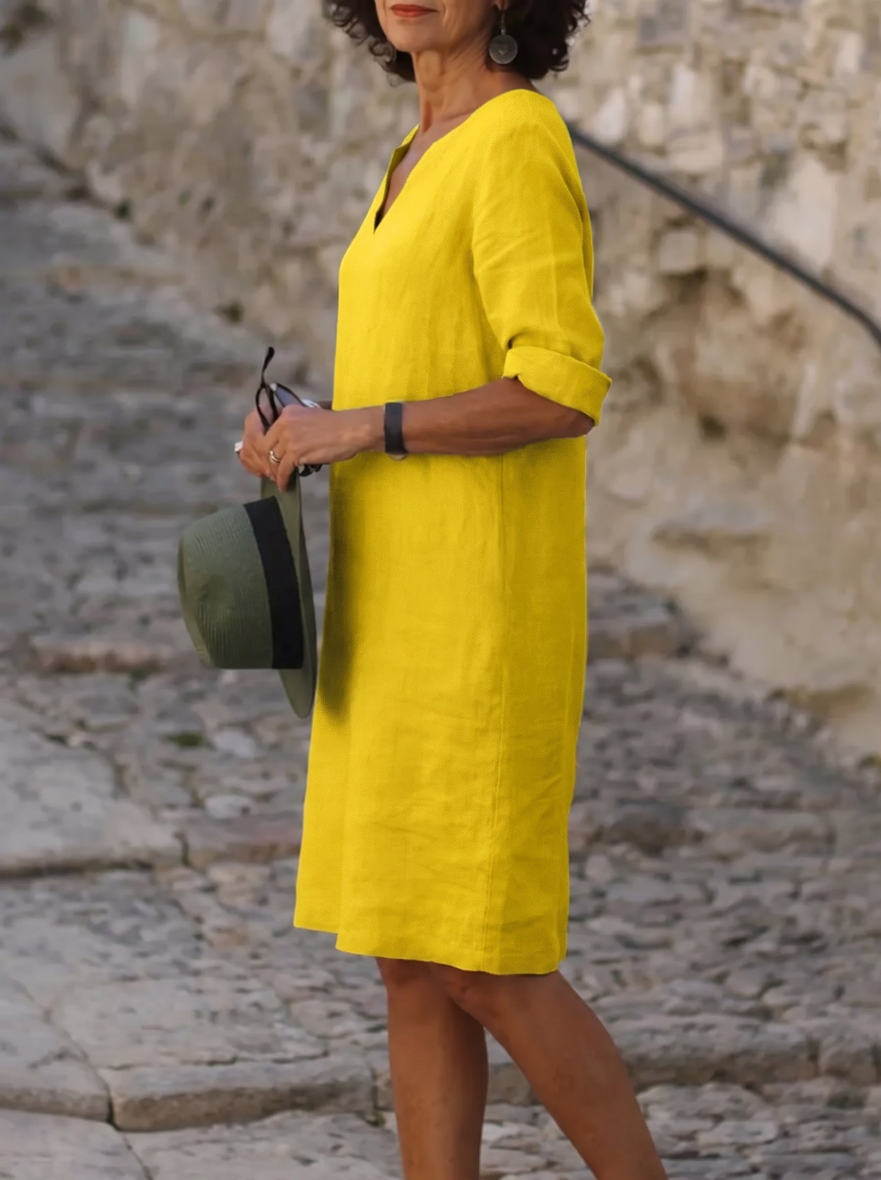 Women's Midi Dress with V-Neck and Three-Quarter Sleeves