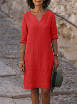 Women's Midi Dress with V-Neck and Three-Quarter Sleeves