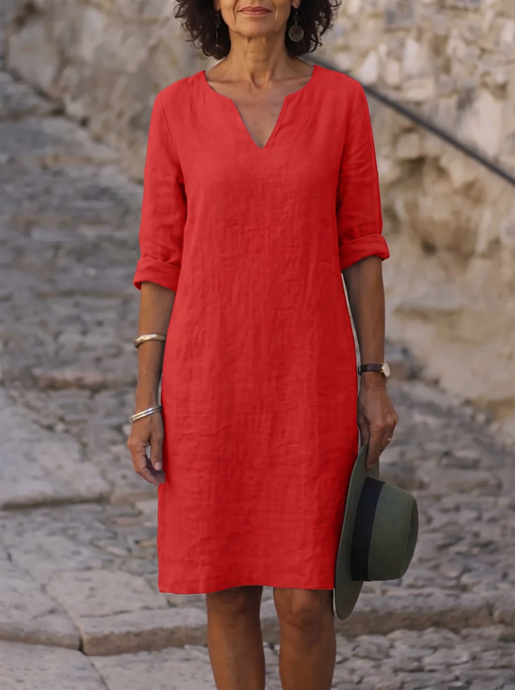 Women's Midi Dress with V-Neck and Three-Quarter Sleeves