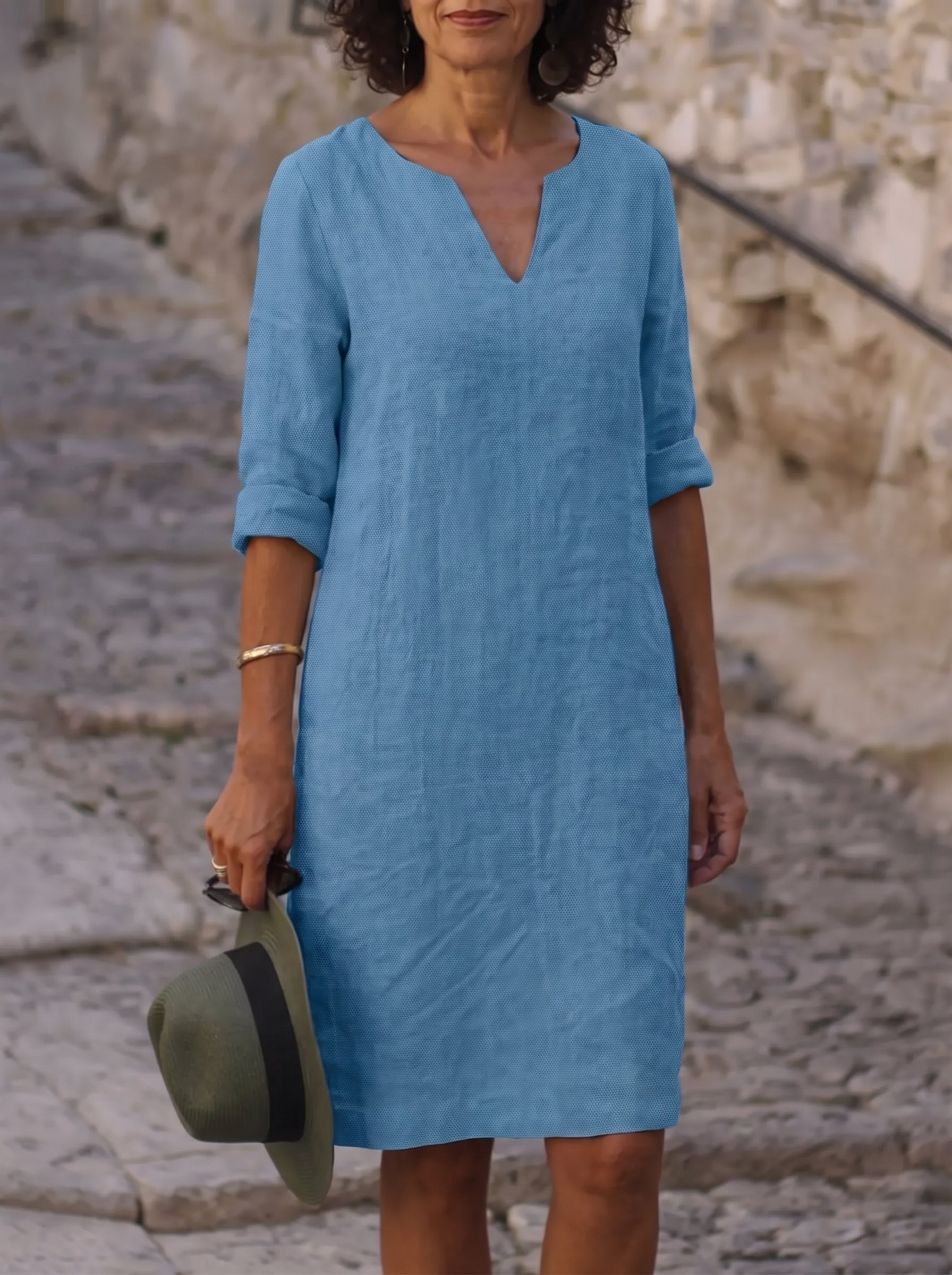 Women's Midi Dress with V-Neck and Three-Quarter Sleeves