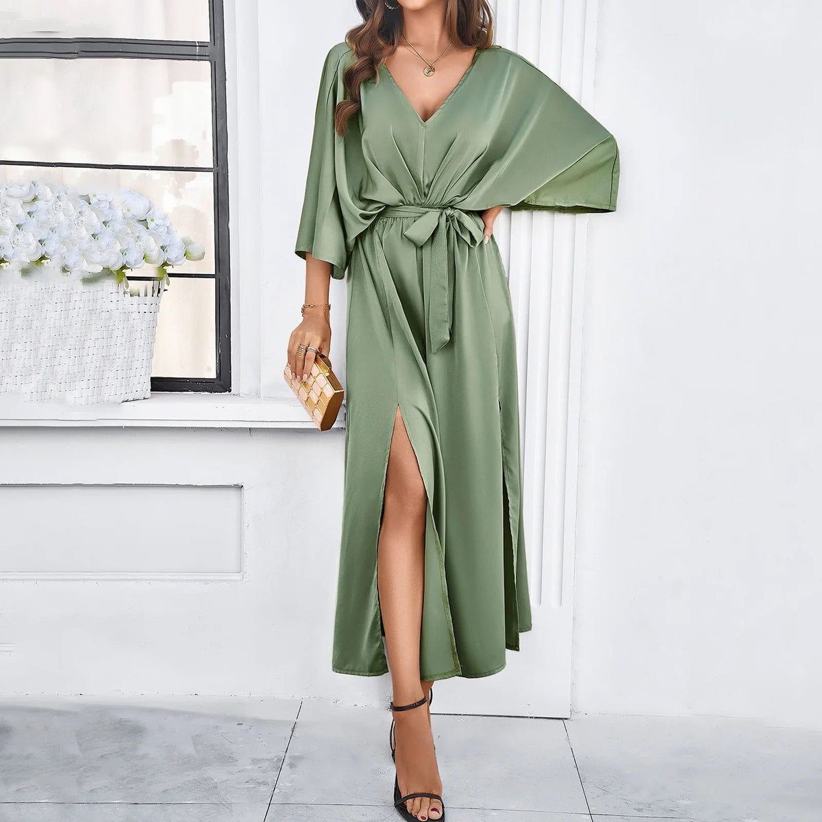 Women's Midi Dress with V-Neck, Batwing Sleeves, Tie Waist and Side Slit