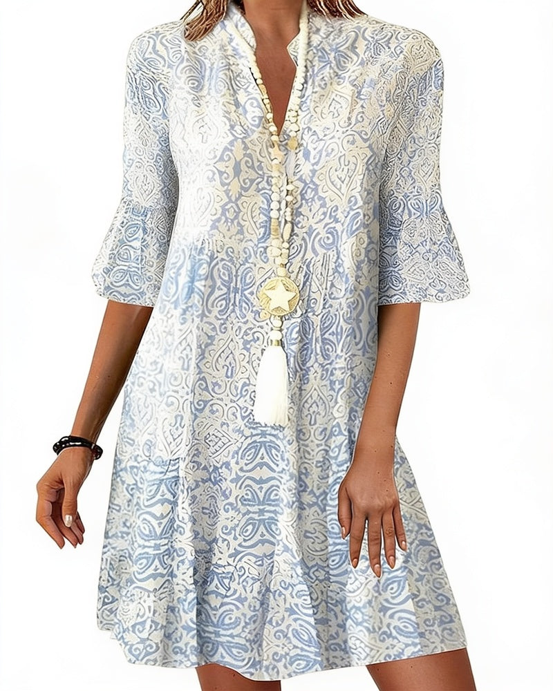 Women's Midi Dress with V-Neck, Paisley Print and Three-Quarter Flare Sleeves