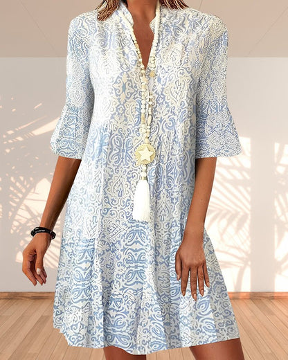 Women's Midi Dress with V-Neck, Paisley Print and Three-Quarter Flare Sleeves