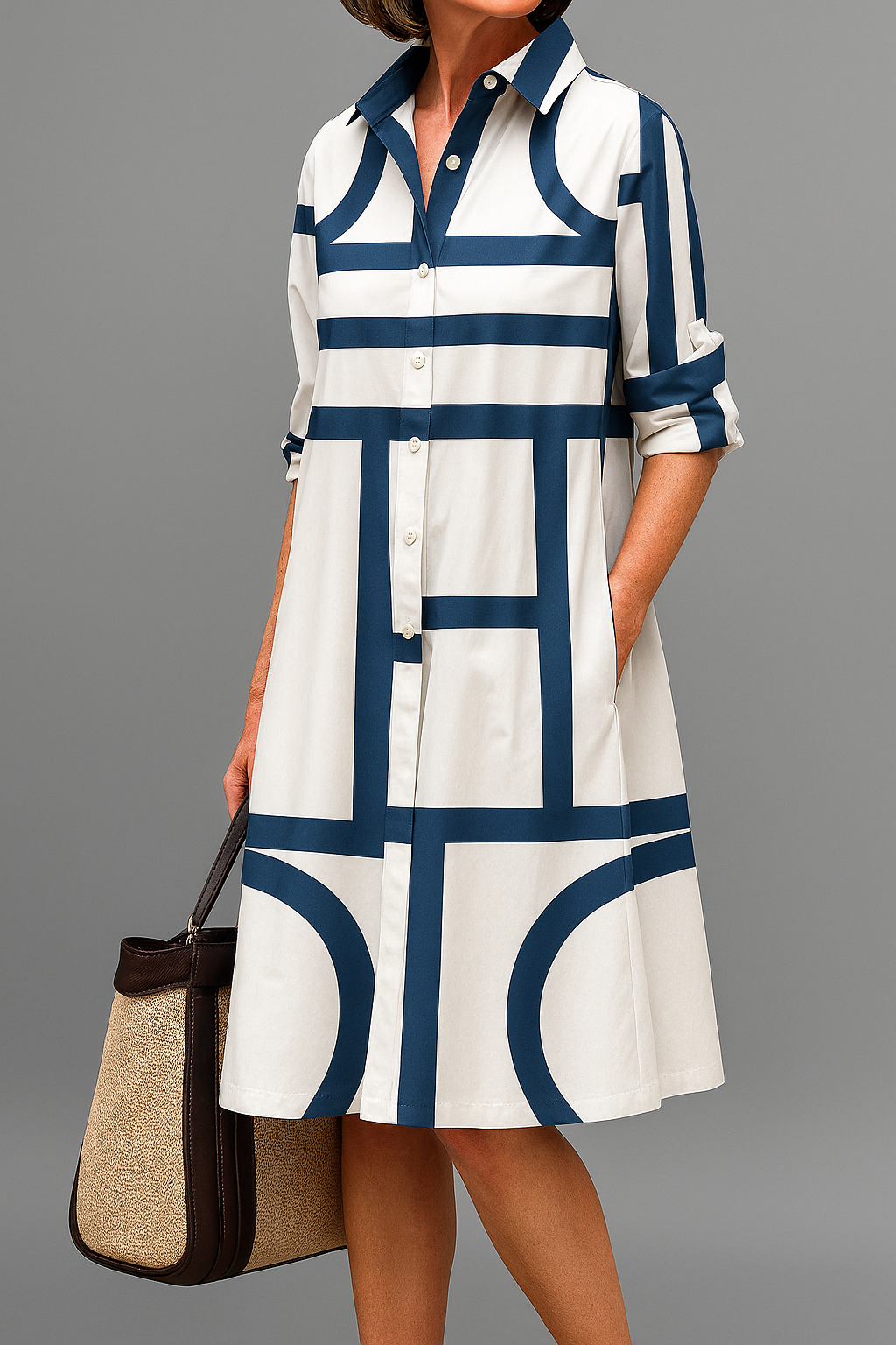 Women's Midi Shirt Dress with Geometric Print and Button Front