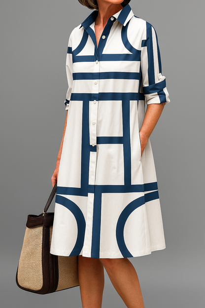 Women's Midi Shirt Dress with Geometric Print and Button Front