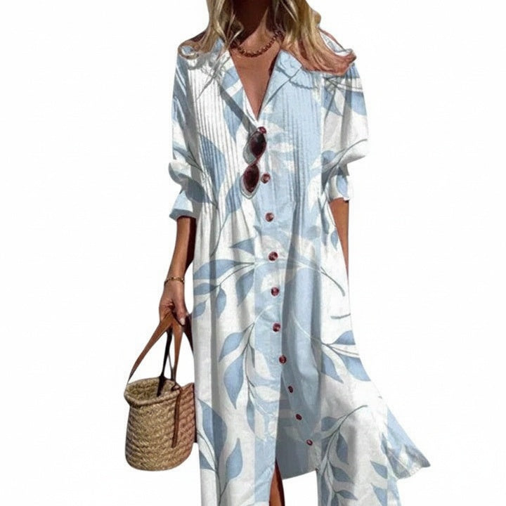 Women's Midi Shirt Dress with V-Neck, Button Front and Floral Print