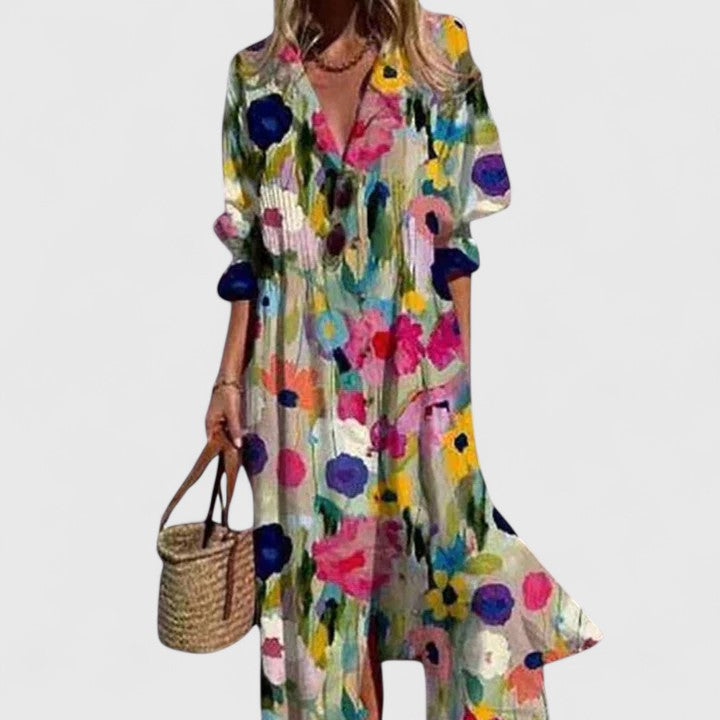 Women's Midi Shirt Dress with V-Neck, Button Front and Floral Print
