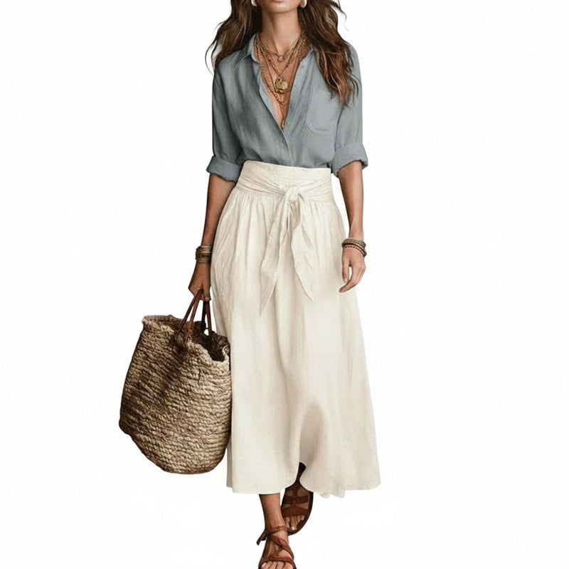 Women's Midi Skirt Set with High-Waist Tie Belt and A-Line Skirt