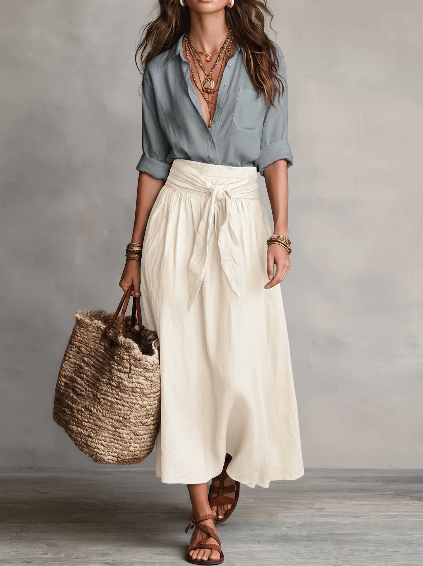 Women's Midi Skirt Set with High-Waist Tie Belt and A-Line Skirt