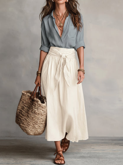 Women's Midi Skirt Set with High-Waist Tie Belt and A-Line Skirt