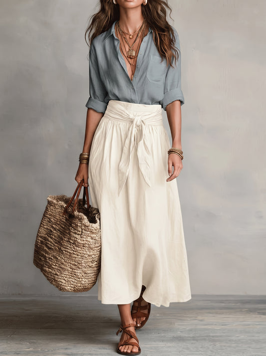 Women's Midi Skirt Set with High-Waist Tie Belt and A-Line Skirt
