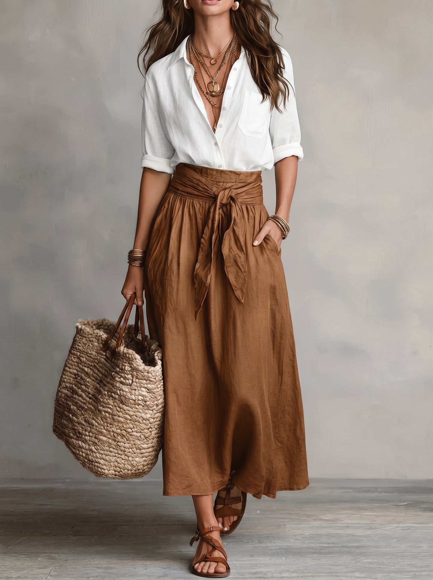 Women's Midi Skirt Set with High-Waist Tie Belt and A-Line Skirt