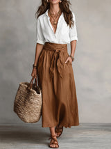 Women's Midi Skirt Set with High-Waist Tie Belt and A-Line Skirt