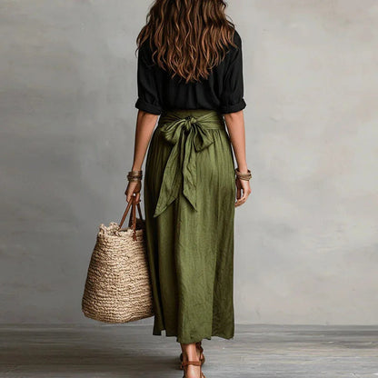 Women's Midi Skirt Set with High-Waist Tie Belt and A-Line Skirt
