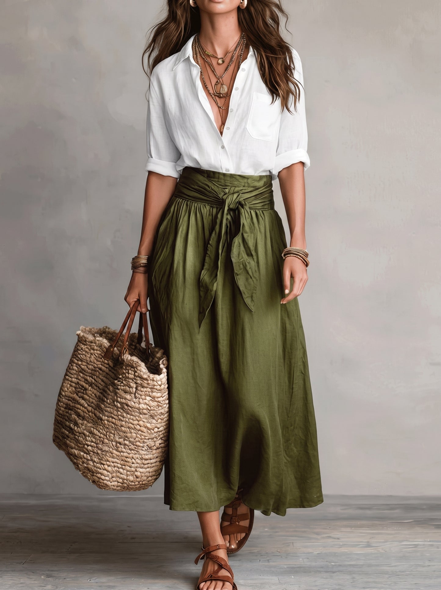 Women's Midi Skirt Set with High-Waist Tie Belt and A-Line Skirt