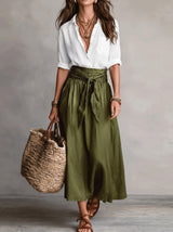 Women's Midi Skirt Set with High-Waist Tie Belt and A-Line Skirt
