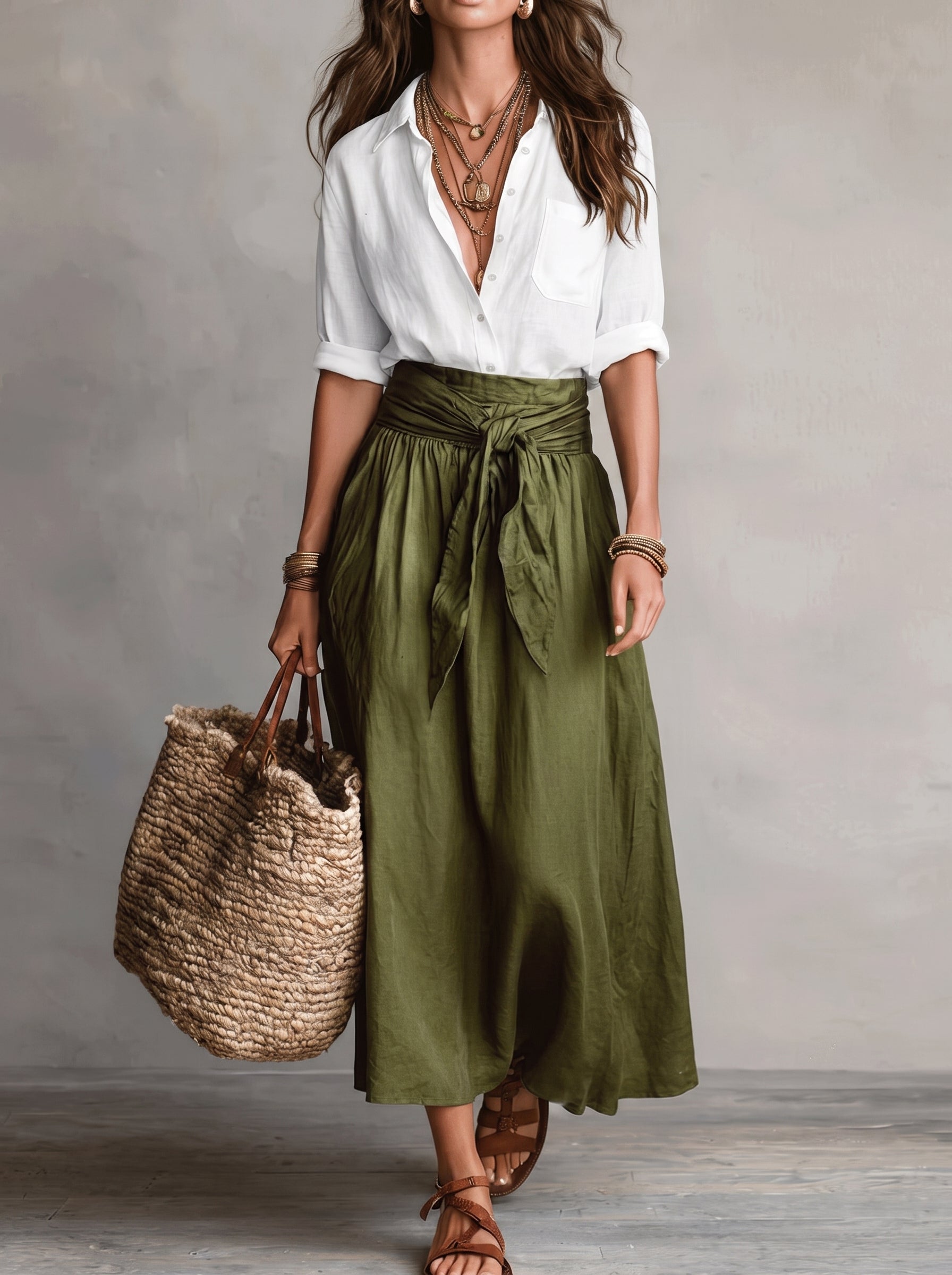 Women's Midi Skirt Set with High-Waist Tie Belt and A-Line Skirt