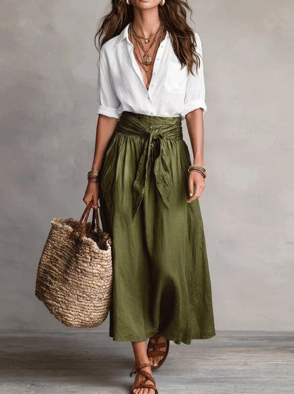 Women's Midi Skirt Set with High-Waist Tie Belt and A-Line Skirt
