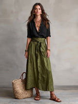 Women's Midi Skirt Set with High-Waist Tie Belt and A-Line Skirt