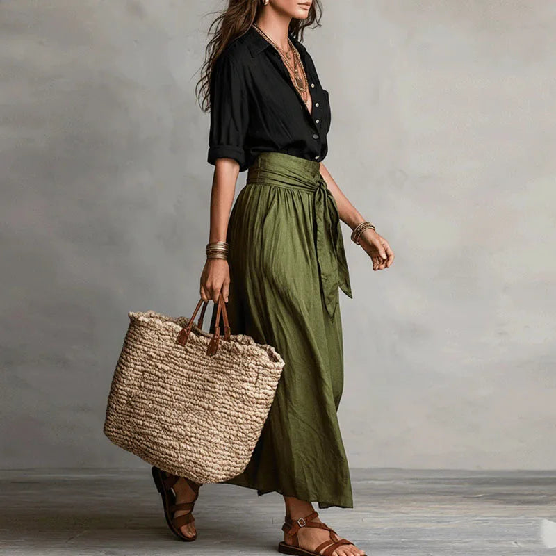 Women's Midi Skirt Set with High-Waist Tie Belt and A-Line Skirt
