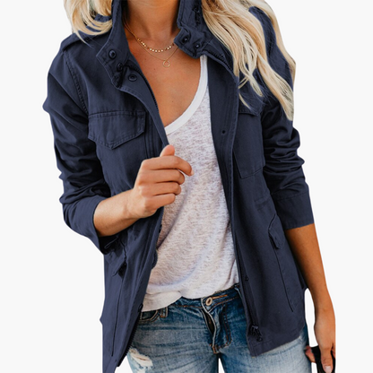 Women's Military Jacket with Hood, Zip Closure and Four-Pocket Design