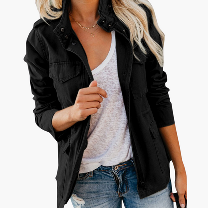 Women's Military Jacket with Hood, Zip Closure and Four-Pocket Design