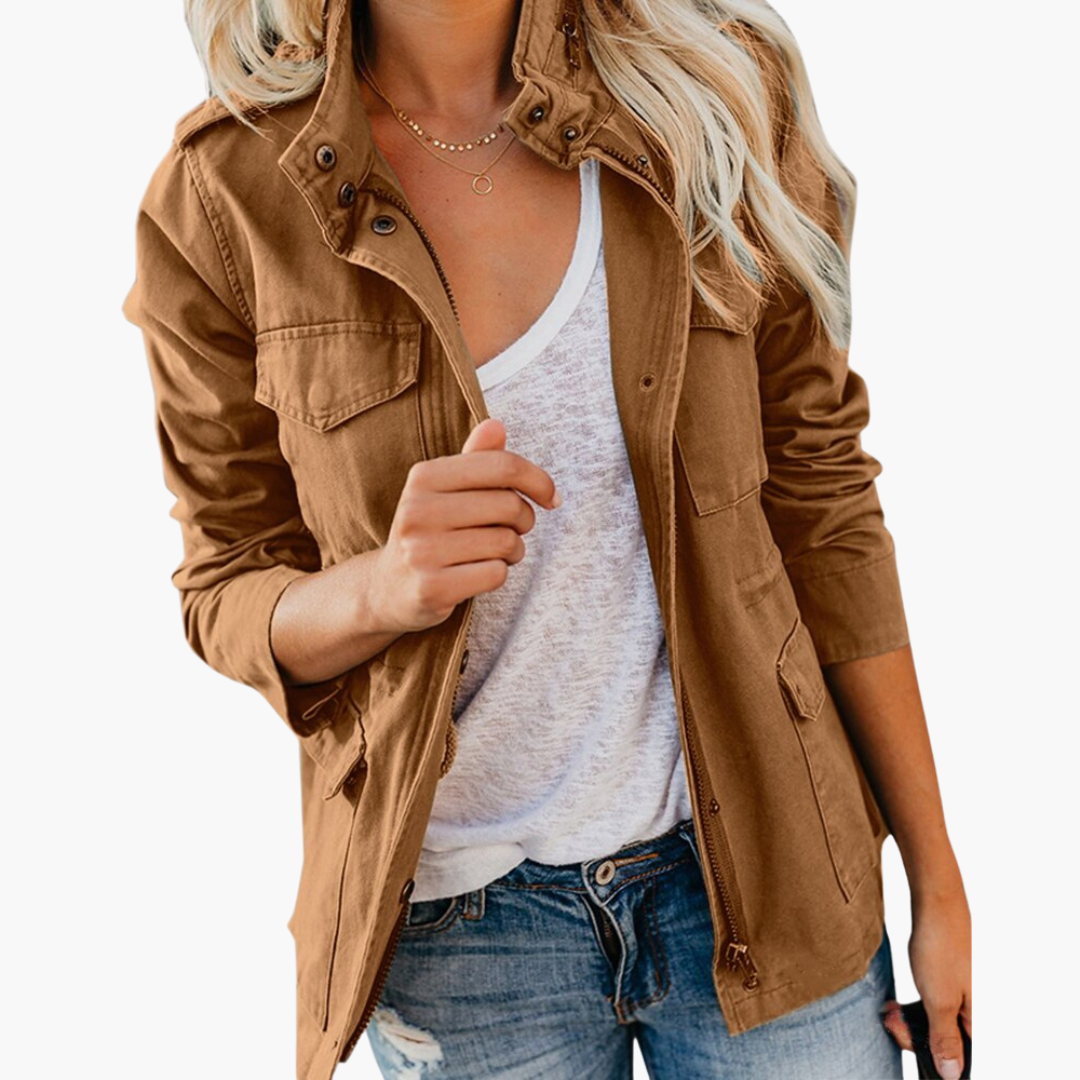 Women's Military Jacket with Hood, Zip Closure and Four-Pocket Design